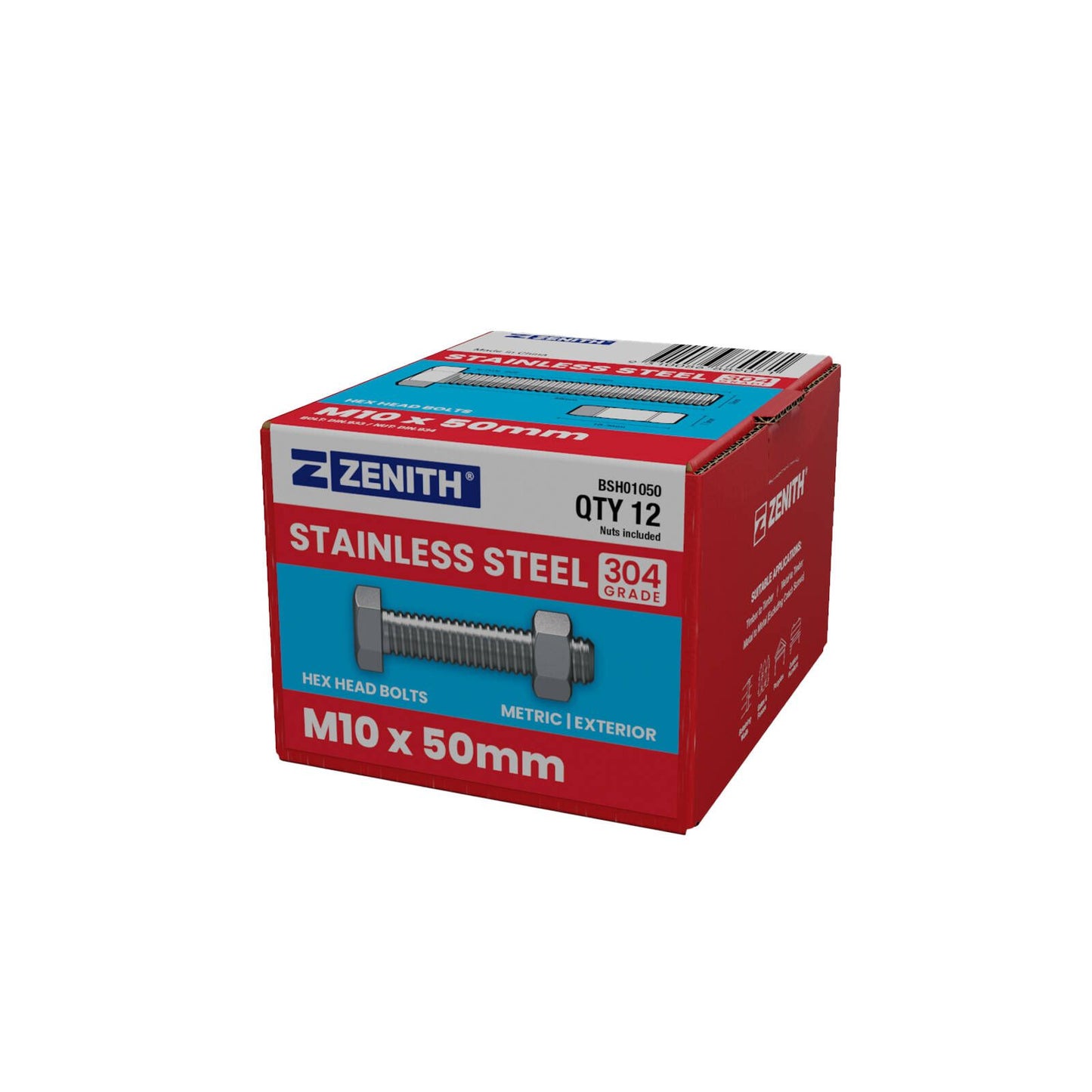 Zenith M10 x 50mm - Stainless Steel 304 Hex Head Bolts & Nuts - 12 Pack