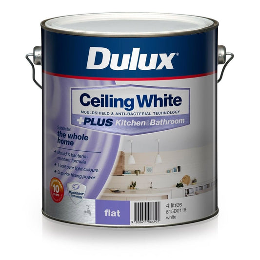 Dulux White Ceiling Plus 4L Water-Based Paint Flat Finish Mould Shield