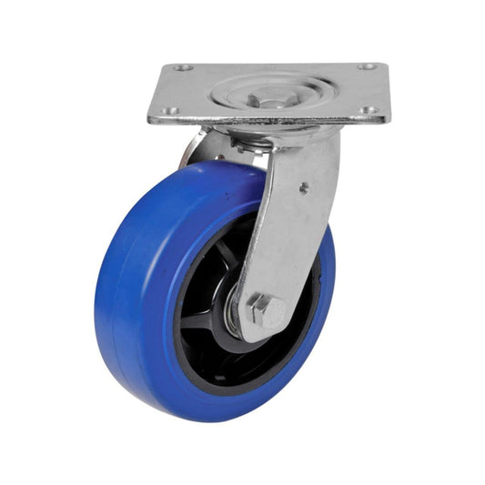 Easyroll 150mm Blue Elastic Rubber Heavy Duty Swivel Plate Castor