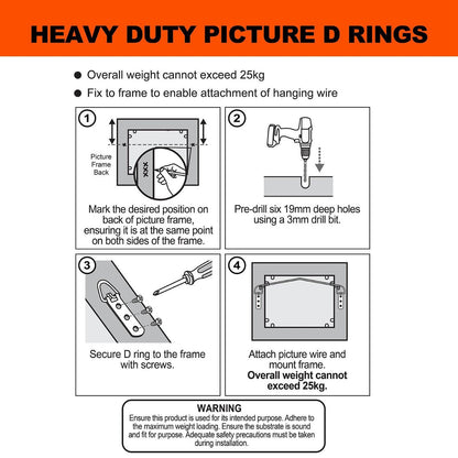 Everhang Picture Hanging D Ring - 25kg - Brass Plated - Heavy Duty - 4 Pack
