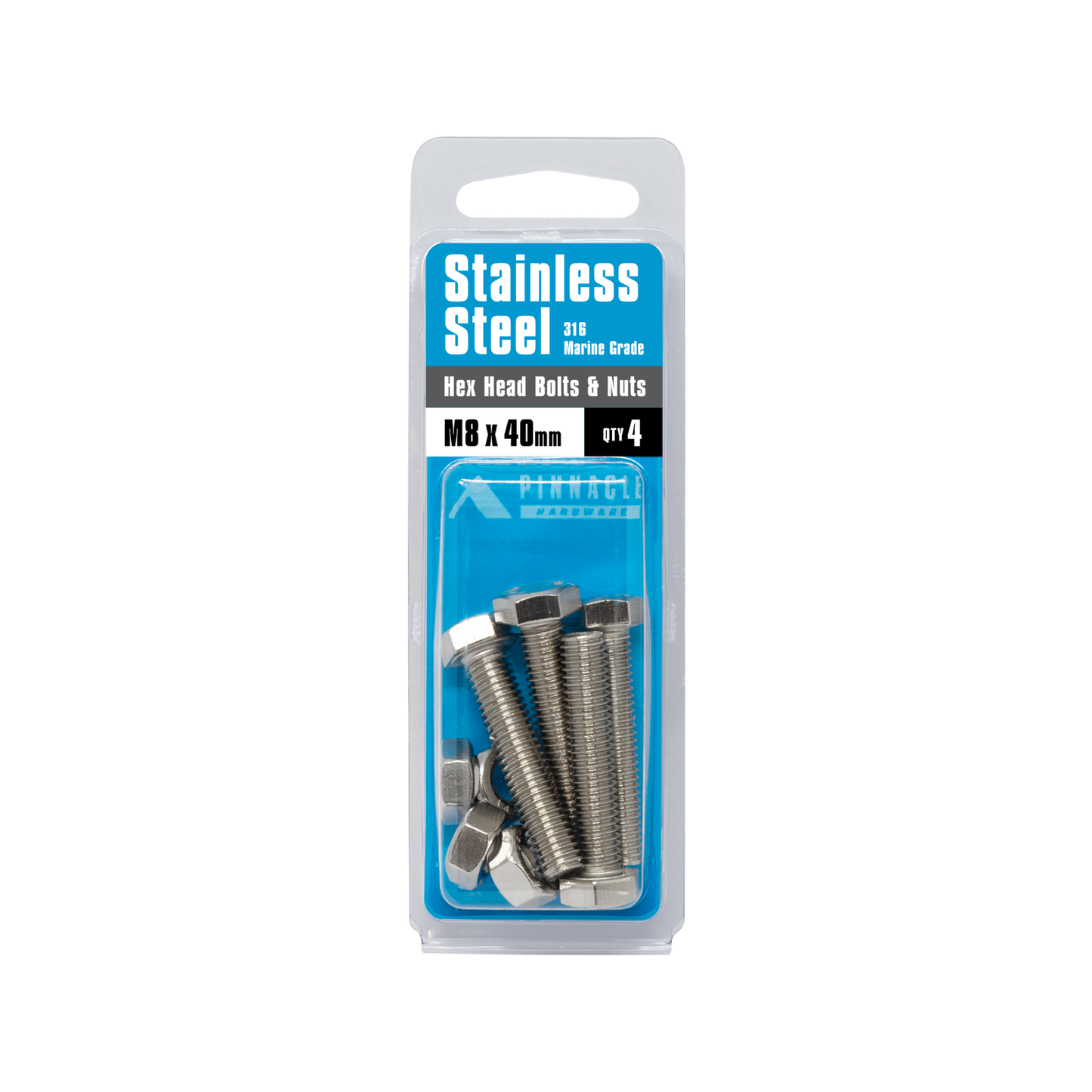Pinnacle Hex Head Bolts and Nuts - M8 x 40mm - Stainless Steel - 4 Pack