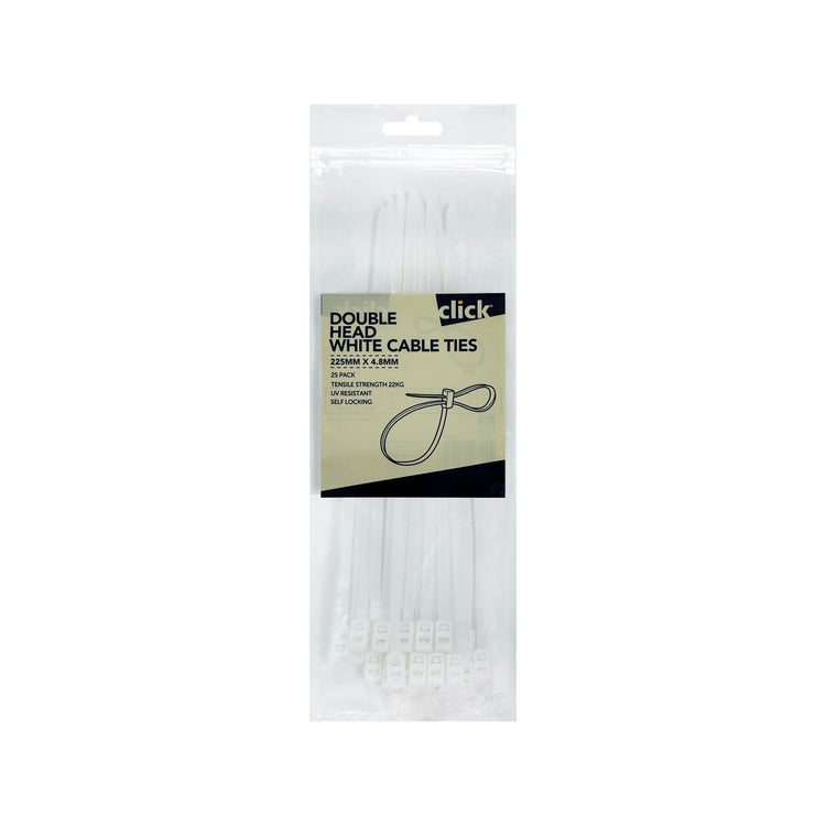 Click Double Headed White Cable Tie 225mm - 25 Pack