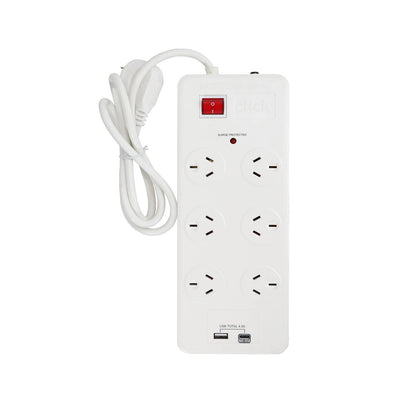 Click Power Board with USB Charger - 6 Outlet - 1m