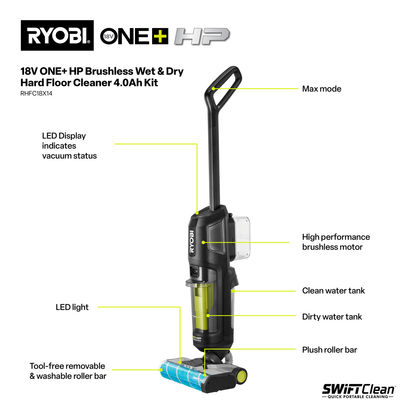 Ryobi ONE+ HP Brushless Wet and Dry Hard Floor Cleaner Kit - 4.0Ah - 260 x 360 x 711mm