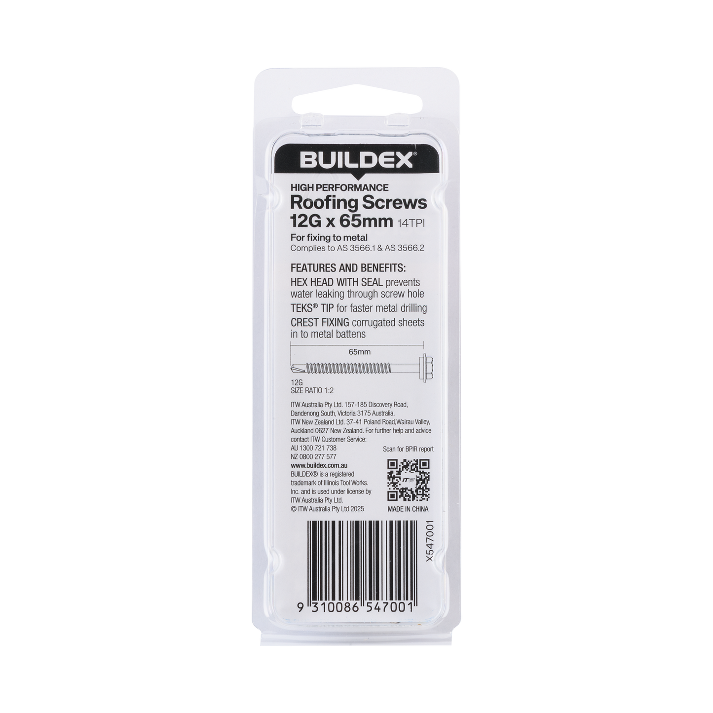 Buildex Roofing Teks Screws - 12g x 65mm - Class 3 - 6 Pack