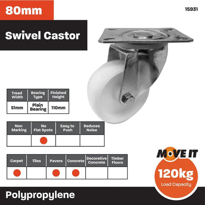 Move It 80mm Polypropylene Swivel Plate Castor 120kg Durable White