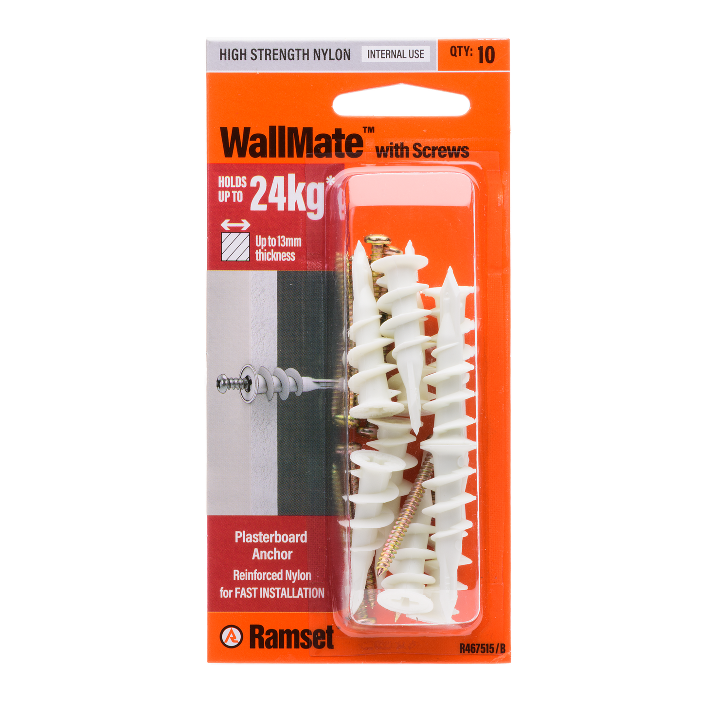 Ramset Nylon Wallmate Plasterboard Anchor with Screws - 43 x 73mm - 10 Pack
