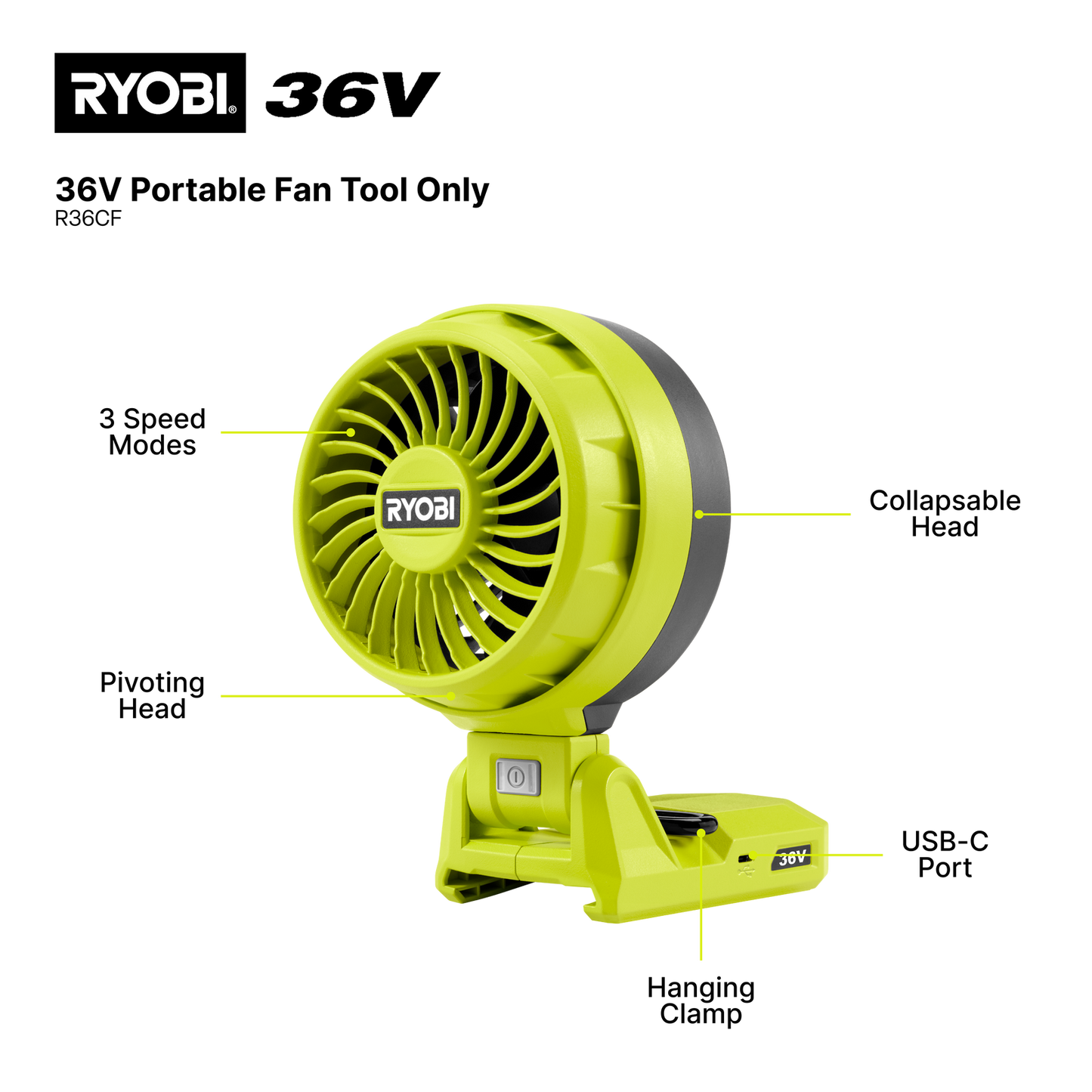 Ryobi Portable Fan - 36V - Tool Only - 108 x 165mm