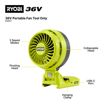 Ryobi Portable Fan - 36V - Tool Only - 108 x 165mm