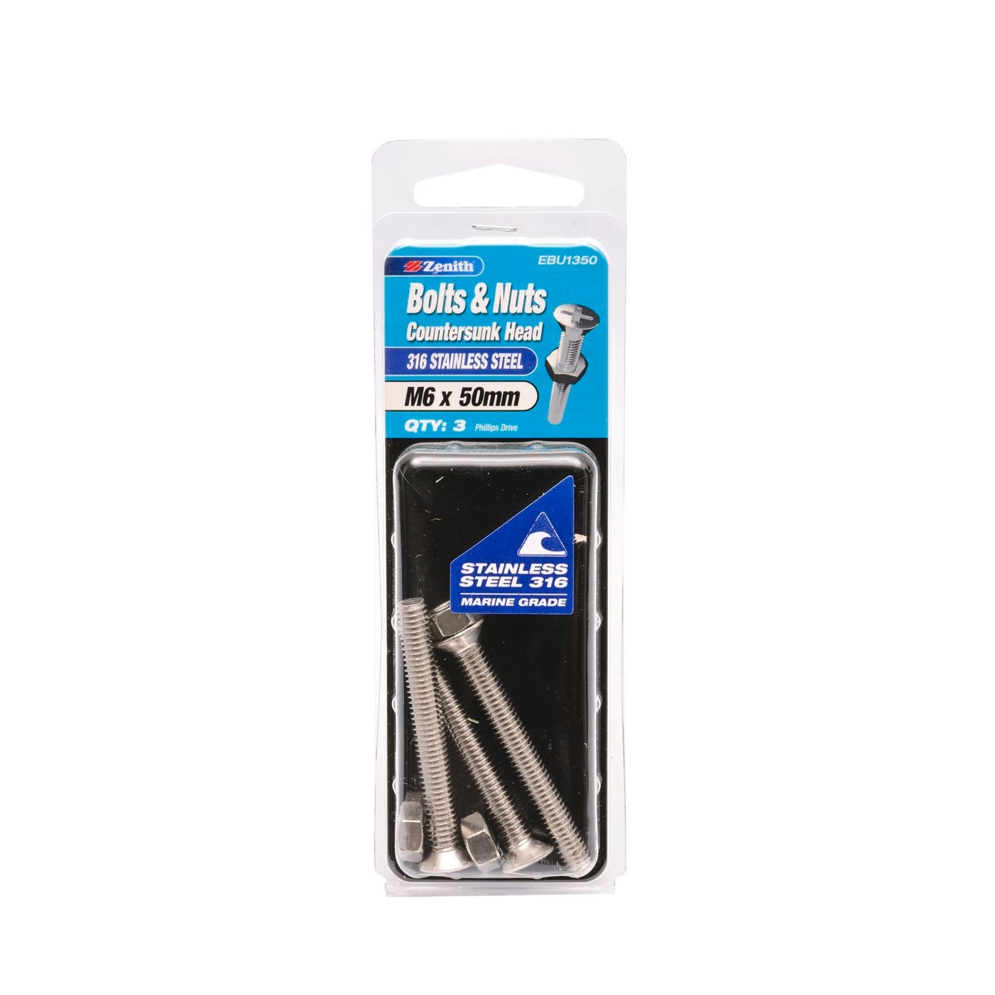 Zenith M6 x 50mm - Stainless Steel Countersunk Head Bolt & Nut - 3 Pack