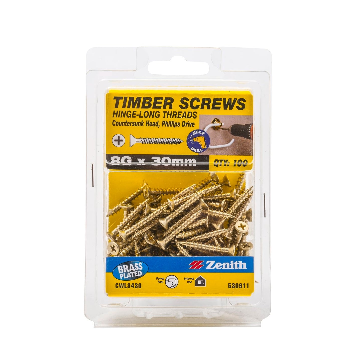 Zenith Timber Screws - 8g x 30mm - Brass - 100 Pack