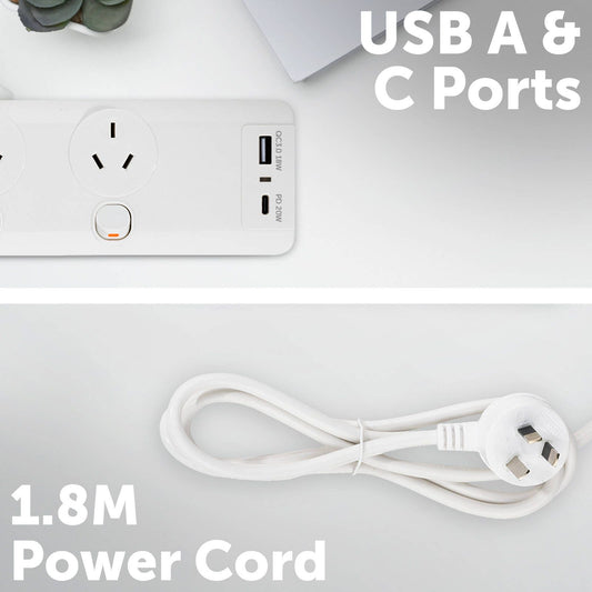 Arlec Surge Protected Powerboard - 6 Outlet - 1.8m - White