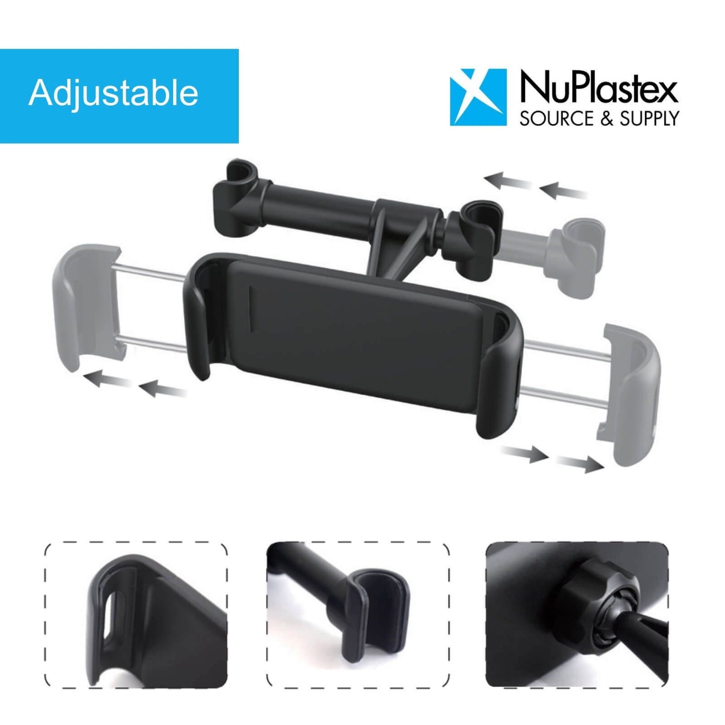 Nuplastex Tablet Mount Holder - Car Headrest - Black