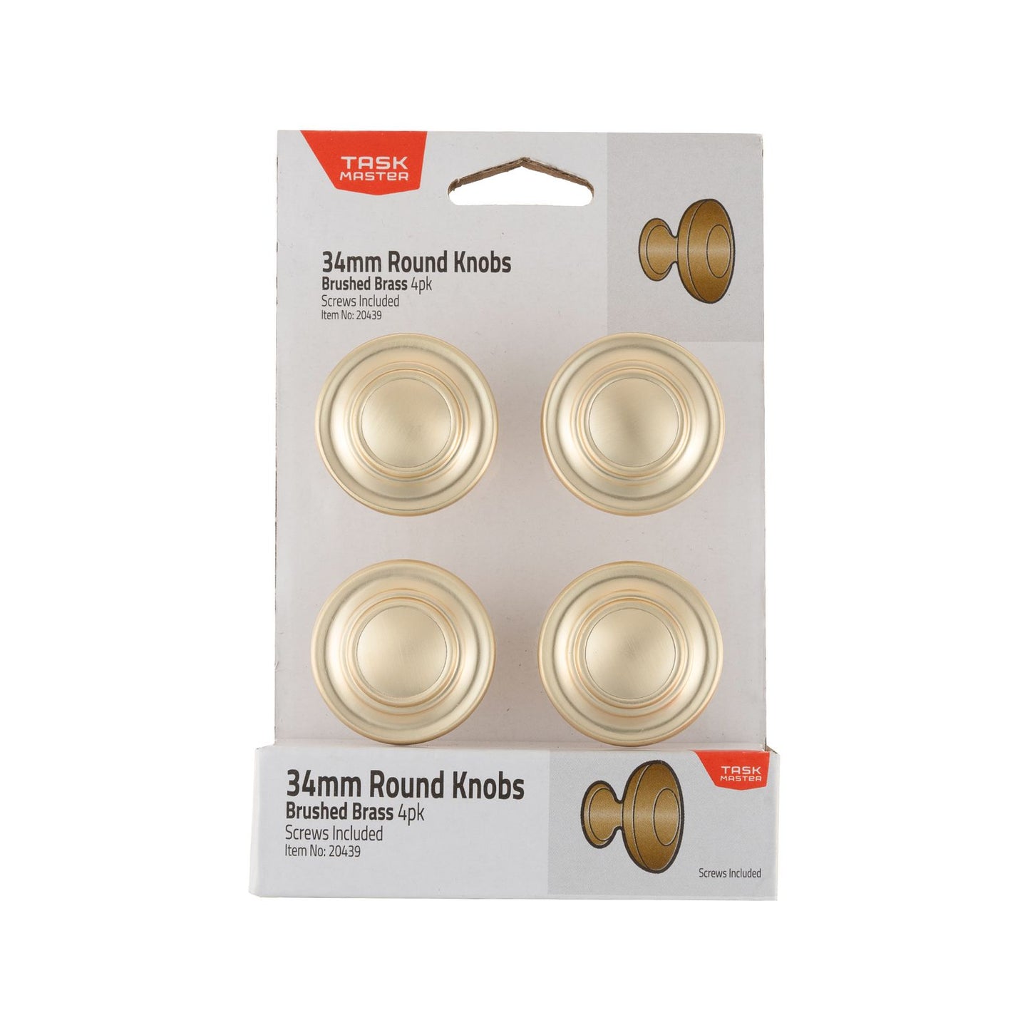 Taskmaster Round Cabinet Knob - 34mm - Brushed Brass - 4 Pack