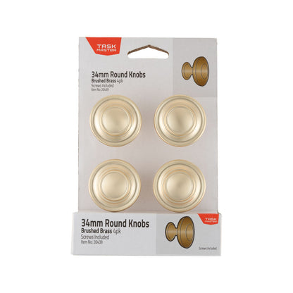 Taskmaster Round Cabinet Knob - 34mm - Brushed Brass - 4 Pack
