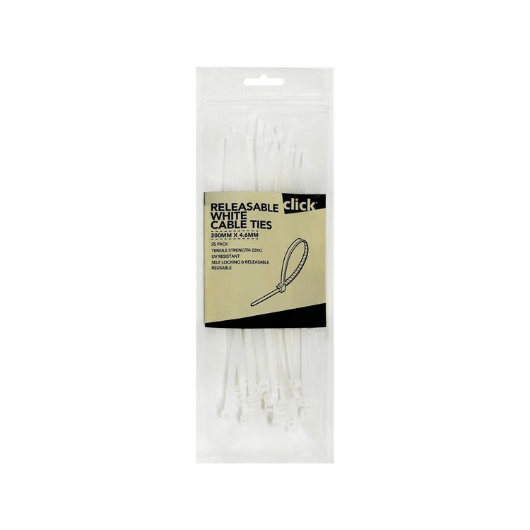 Click Releasable White Cable Tie 200mm - 25 Pack
