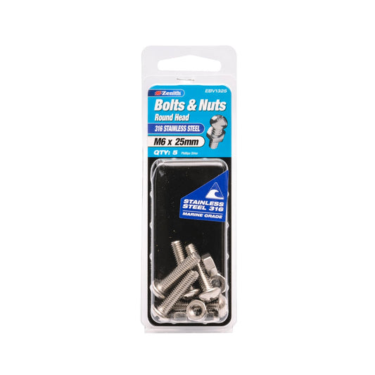Zenith 316 Stainless Steel Round Head Bolt & Nut M6 x 25mm 5 Pack