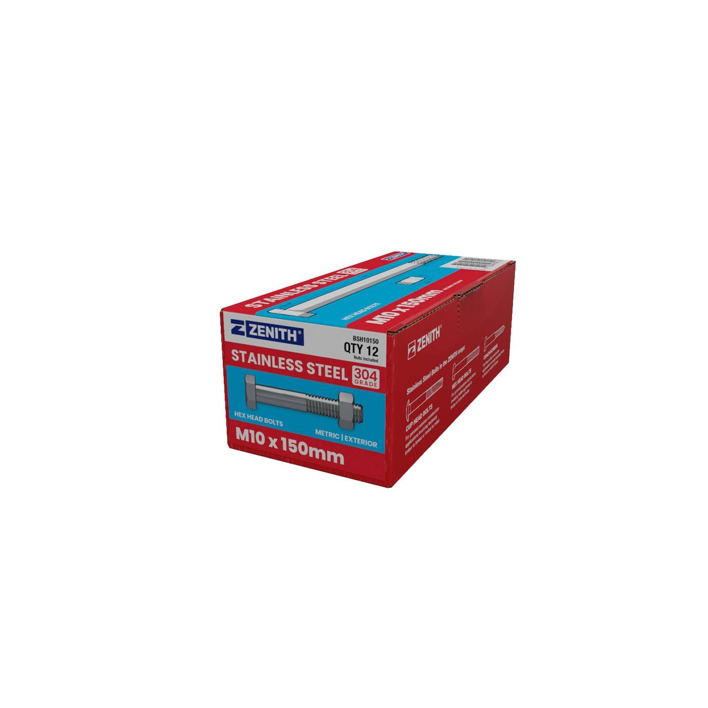 Zenith M10 x 150mm - Stainless Steel 304 Hex Head Bolts & Nuts - 12 Pack