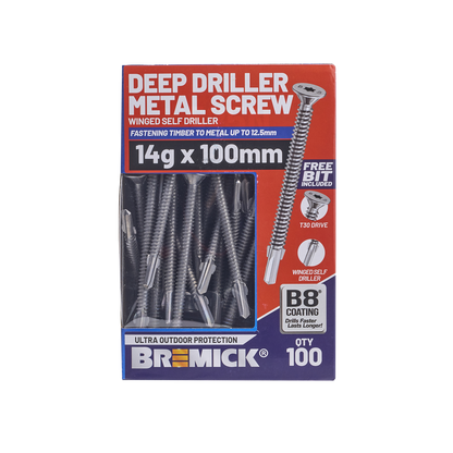 Bremick Metal Deep Driller Screw - 14g x 100mm - 100 Pack