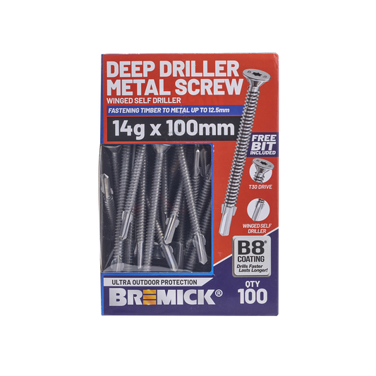 Bremick Metal Deep Driller Screw - 14g x 100mm - 100 Pack