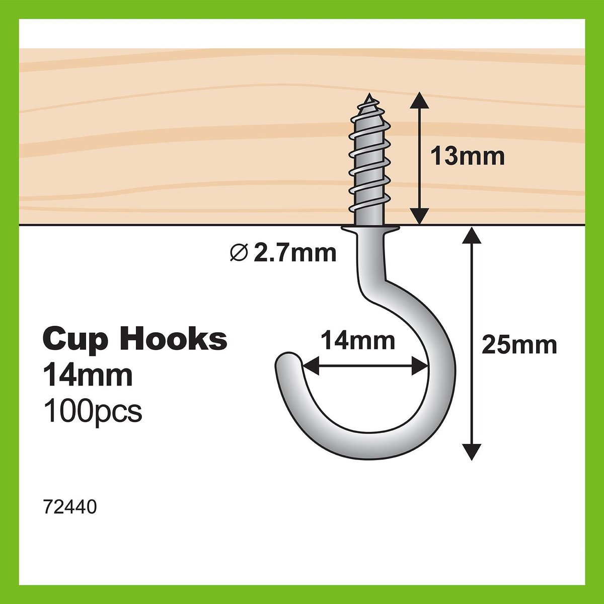 Everhang Cup Hooks - 14mm - Zinc Plated - Light Duty - 100 Pack