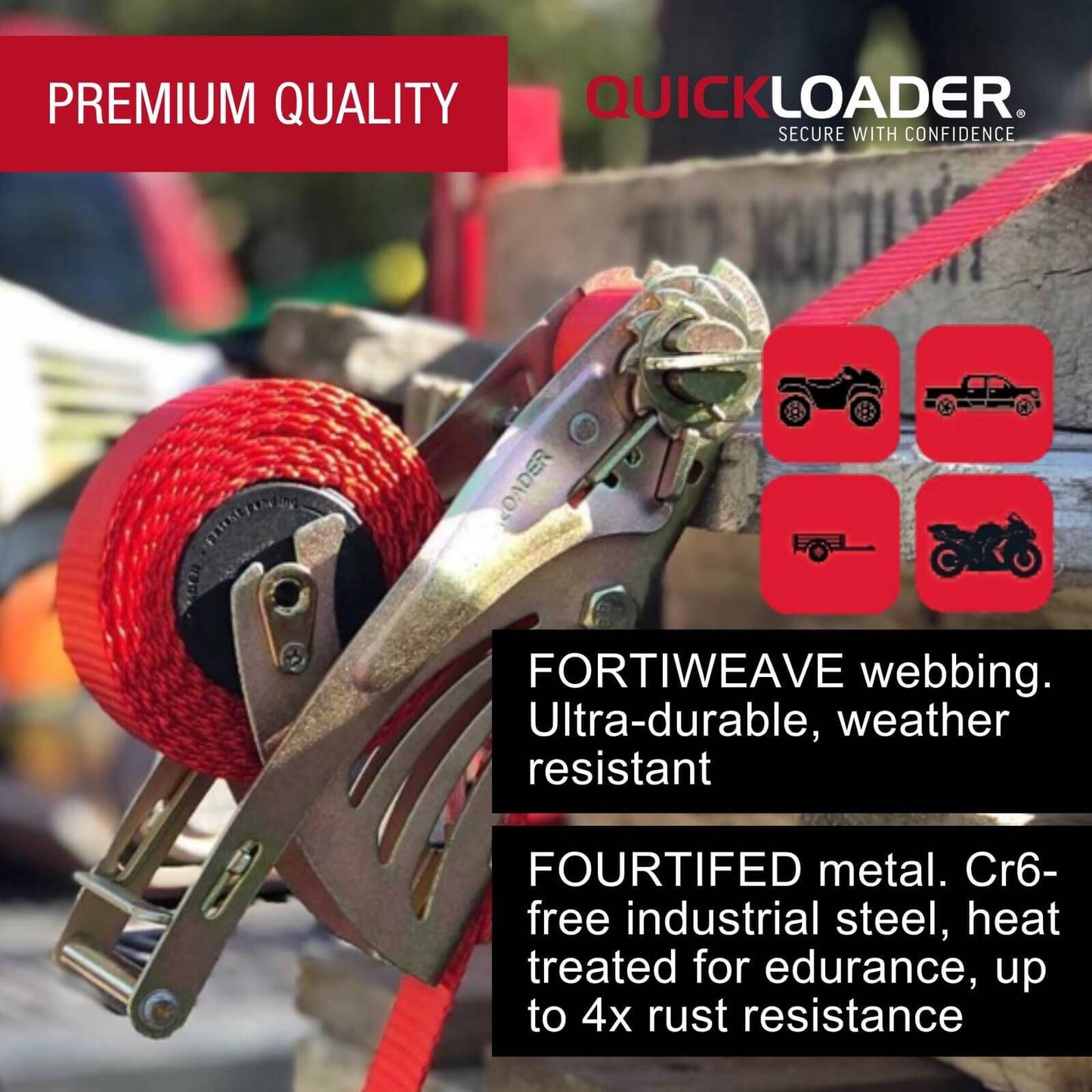 Quickloader Retractable Ratchet Strap Tie Down - 5m x 35mm - 1000kg - 2 Pack - Red