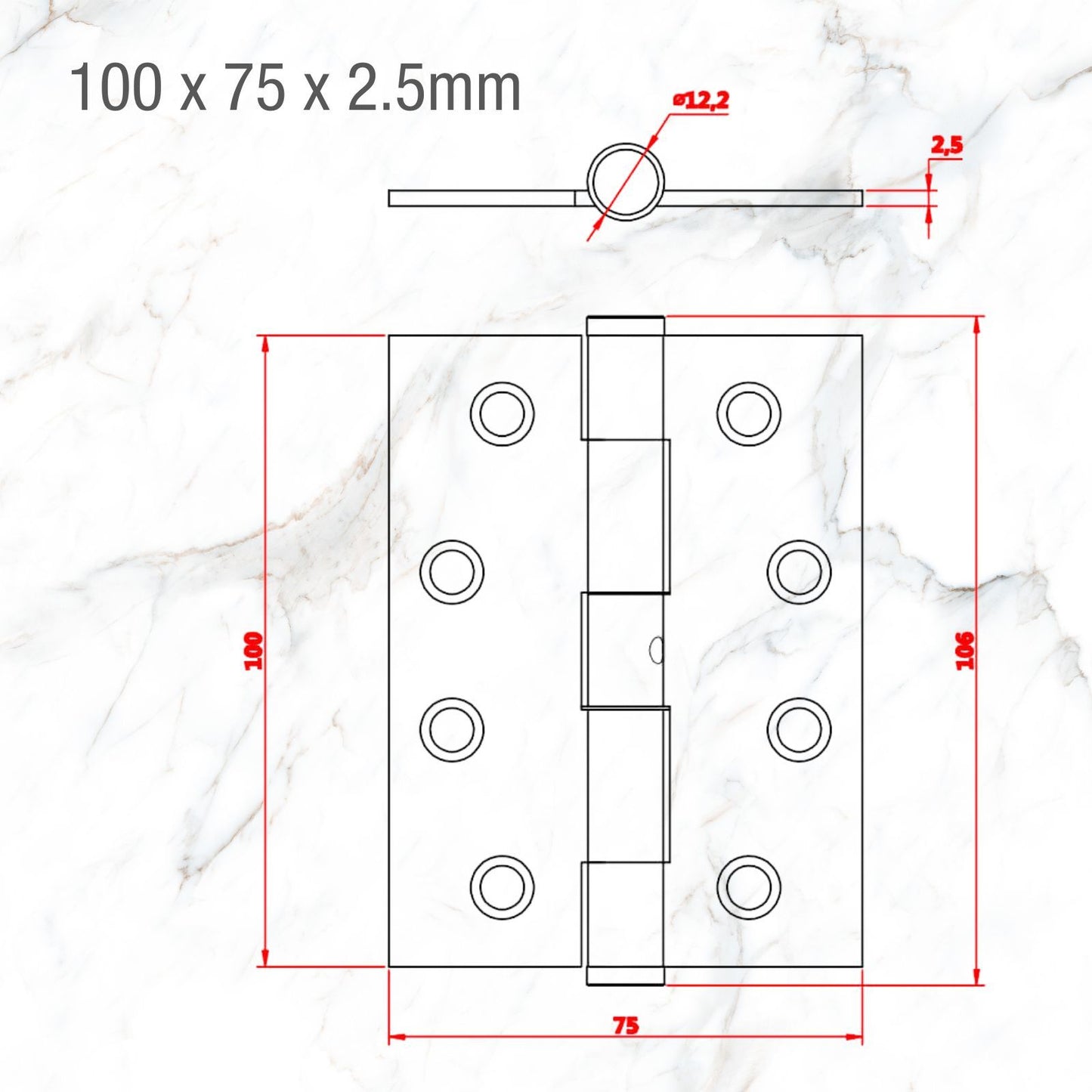 Lemaar Gun Metal Grey Hinge - 100mm x 75mm x 2.5mm - Fixed Pin