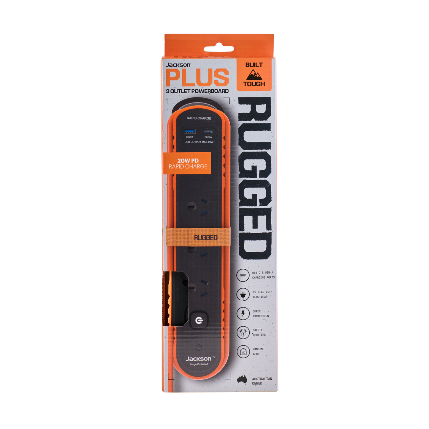 Jackson Rugged Home Powerboard - 3 Outlet - 2m - Black