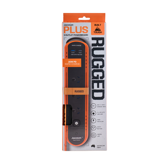 Jackson Rugged Home Powerboard - 3 Outlet - 2m - Black
