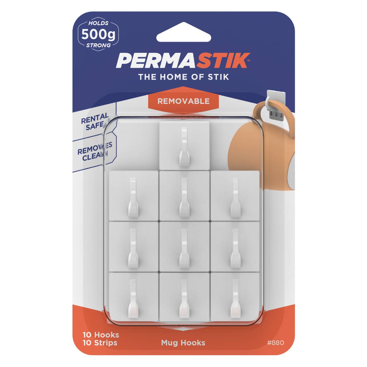 Permastik Mug Hooks - 10 Pack - Plastic - Removable Adhesive