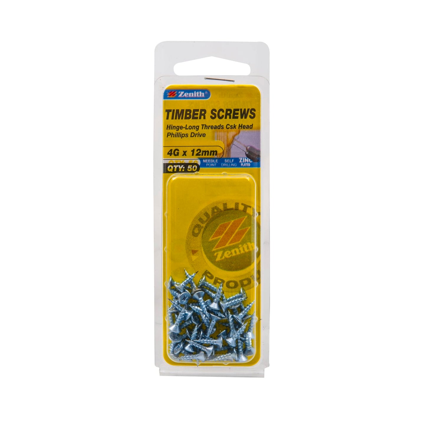 Zenith Hinge Long Thread Screws - 4g x 12mm - Zinc - 50 Pack
