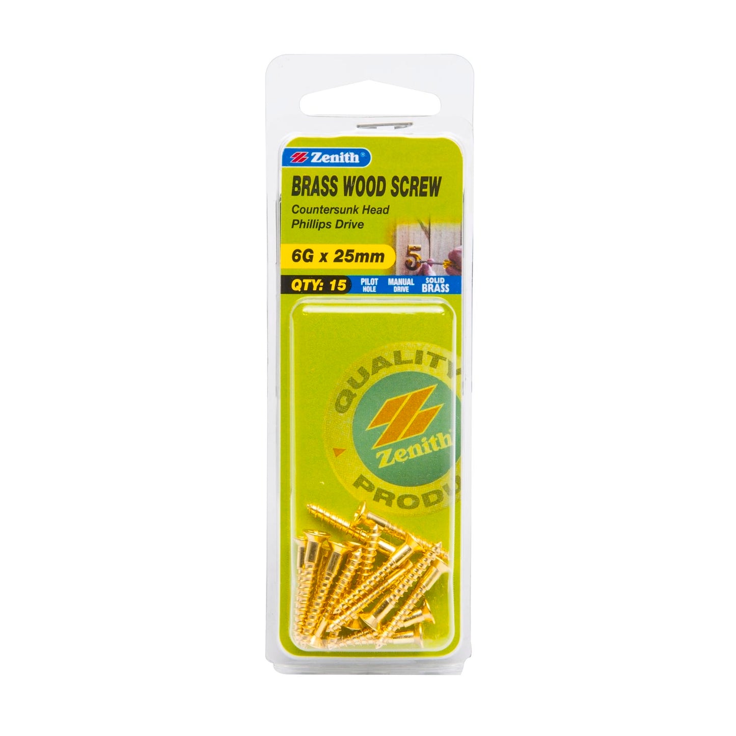 Zenith Wood Screws - 6g x 25mm - Brass - 15 Pack