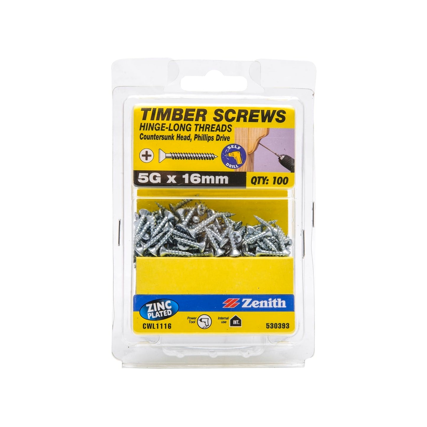 Zenith Hinge Long Thread Screw - 5g x 16mm - Zinc - 100 Pack