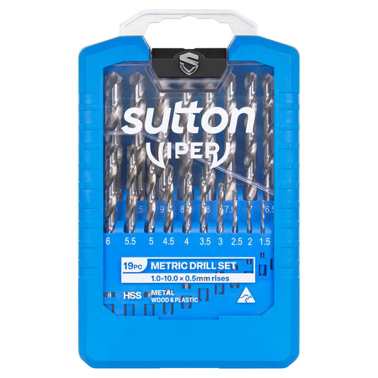 Sutton Tools 1.0-10.0mm Viper HSS Metric Drill Bit Set - For Metal, Wood & Plastics - 19 Piece