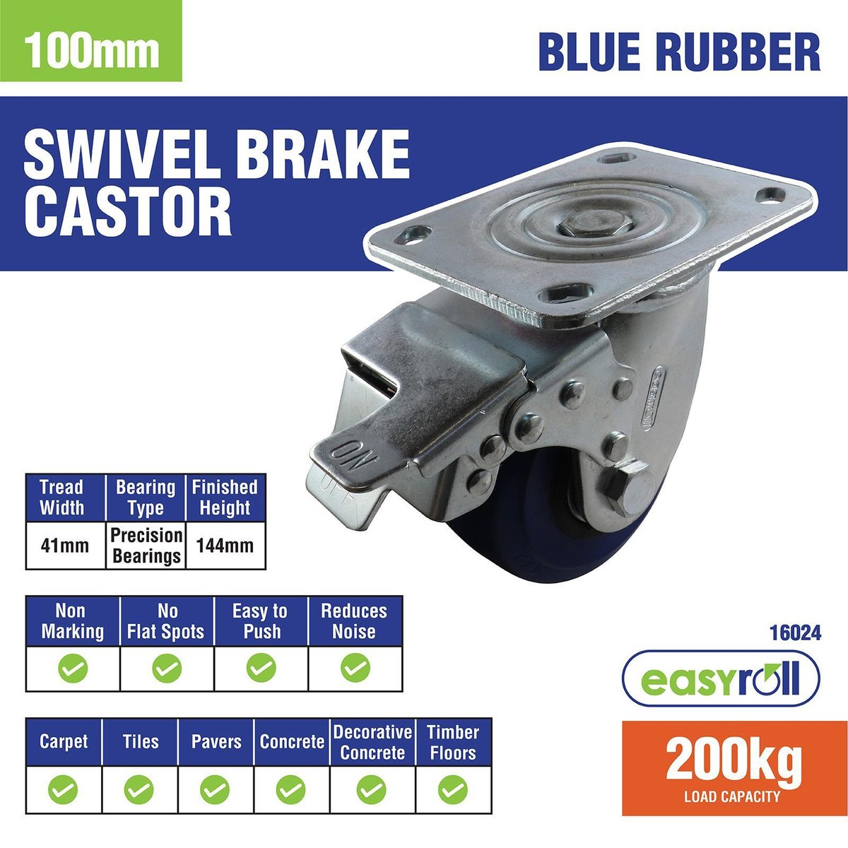 Easyroll Swivel Brake Castor - 100mm - Blue - Rubber - 200kg Load