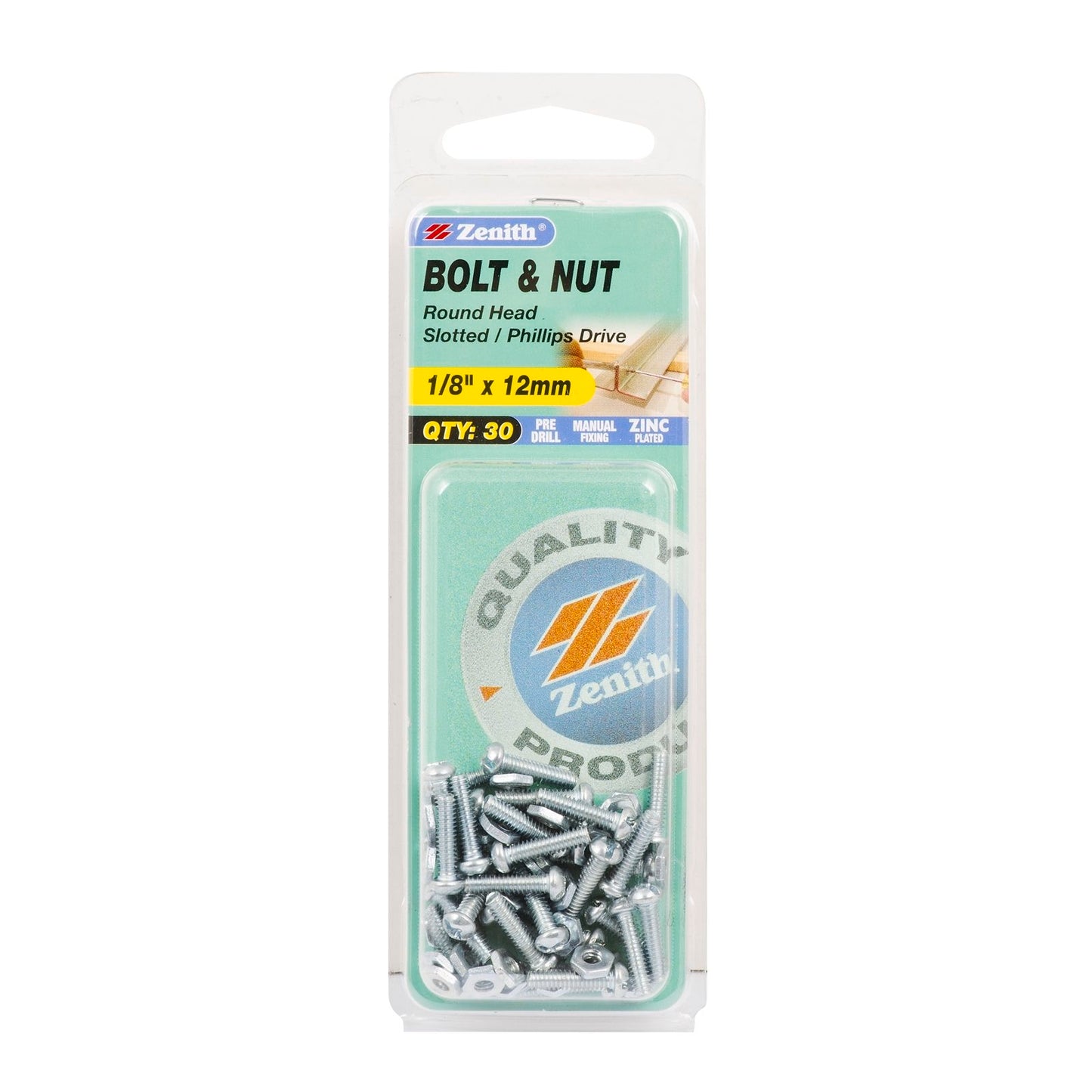 Zenith Round Head Bolt & Nut - 1/8 x 12mm - 30 Pack