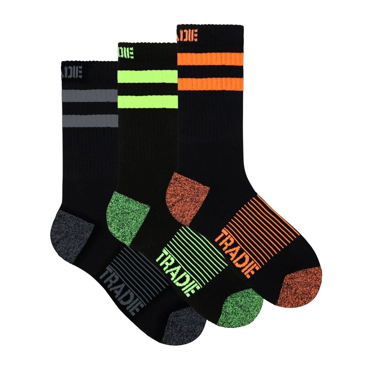 Tradie Men's Fluro Ribbed Cotton Crew Socks - Size 7-10 - 3 Pack
