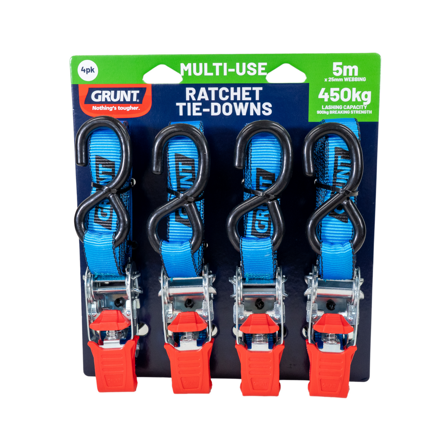 Grunt Ratchet Tie Down - 25mm x 5m - 450kg - 4 Pack