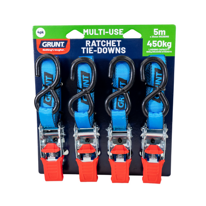 Grunt Ratchet Tie Down - 25mm x 5m - 450kg - 4 Pack
