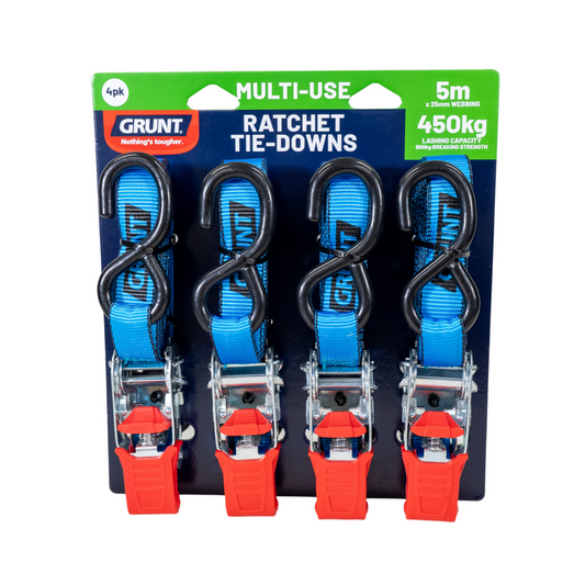 Grunt Ratchet Tie Down - 25mm x 5m - 450kg - 4 Pack
