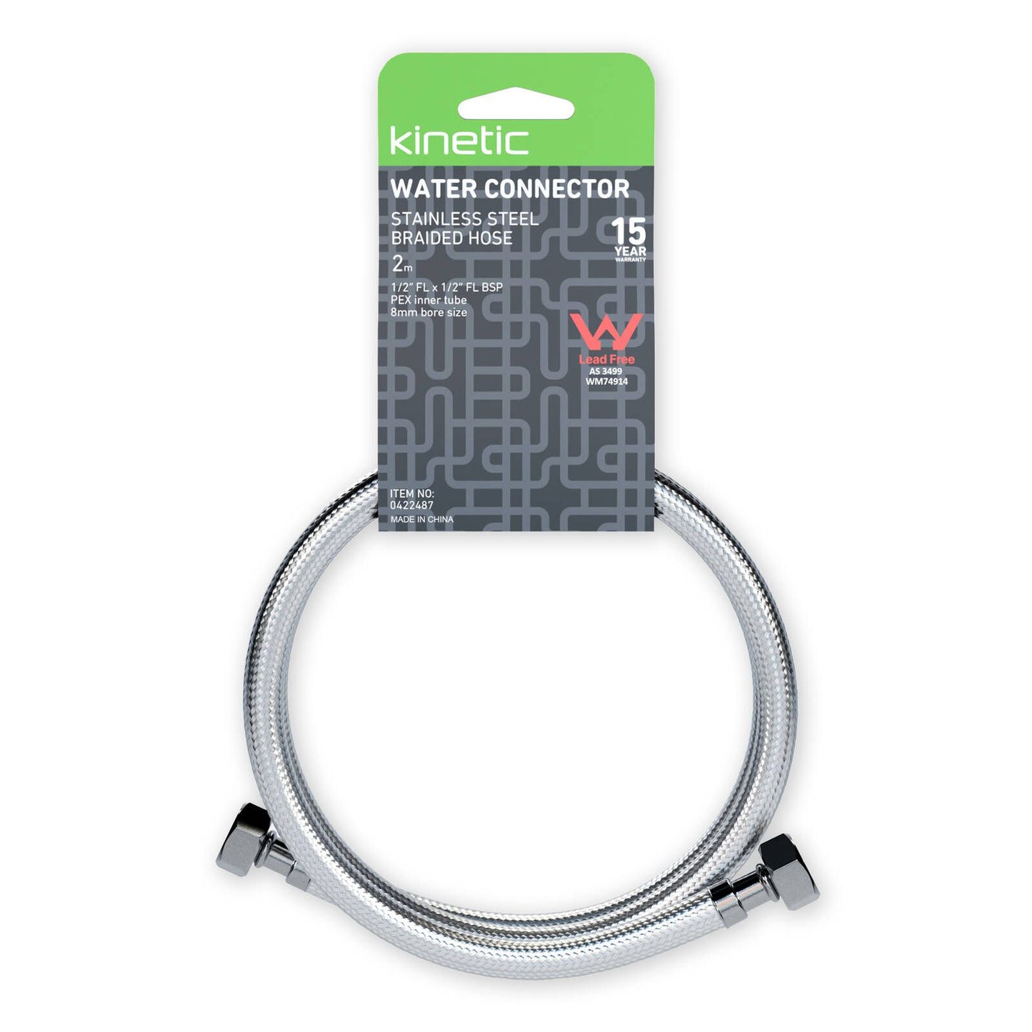 Kinetic 2000mm Stainless Steel Flexible Braided Hose Water Connector