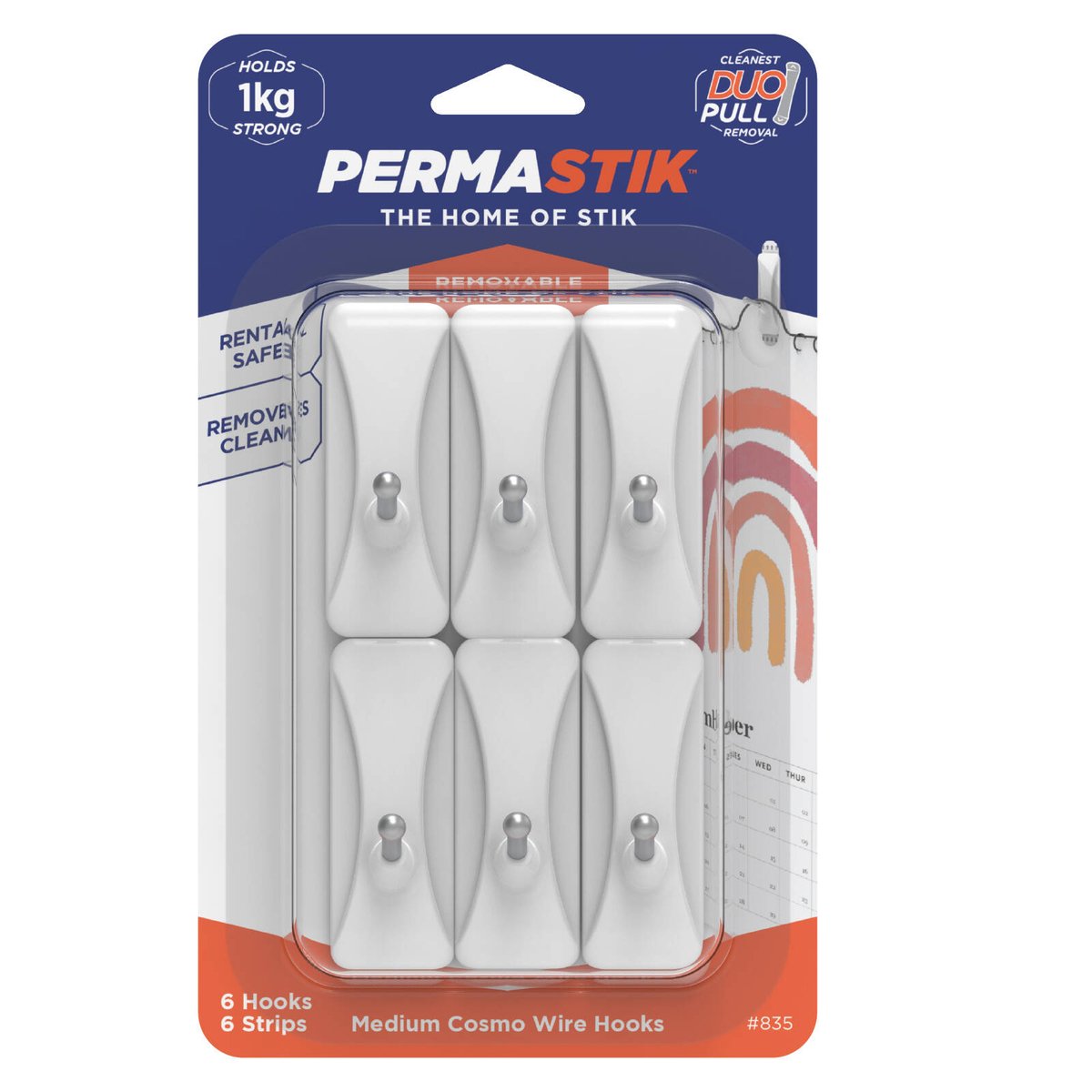 Permastik Medium Cosmo Wire Hooks - 6 Pack - Plastic - Removable Adhesive