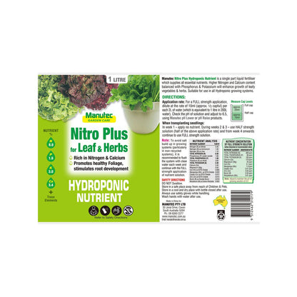Manutec Hydroponic Nitro Plus - 1L - Liquid Fertiliser - High Nitrogen