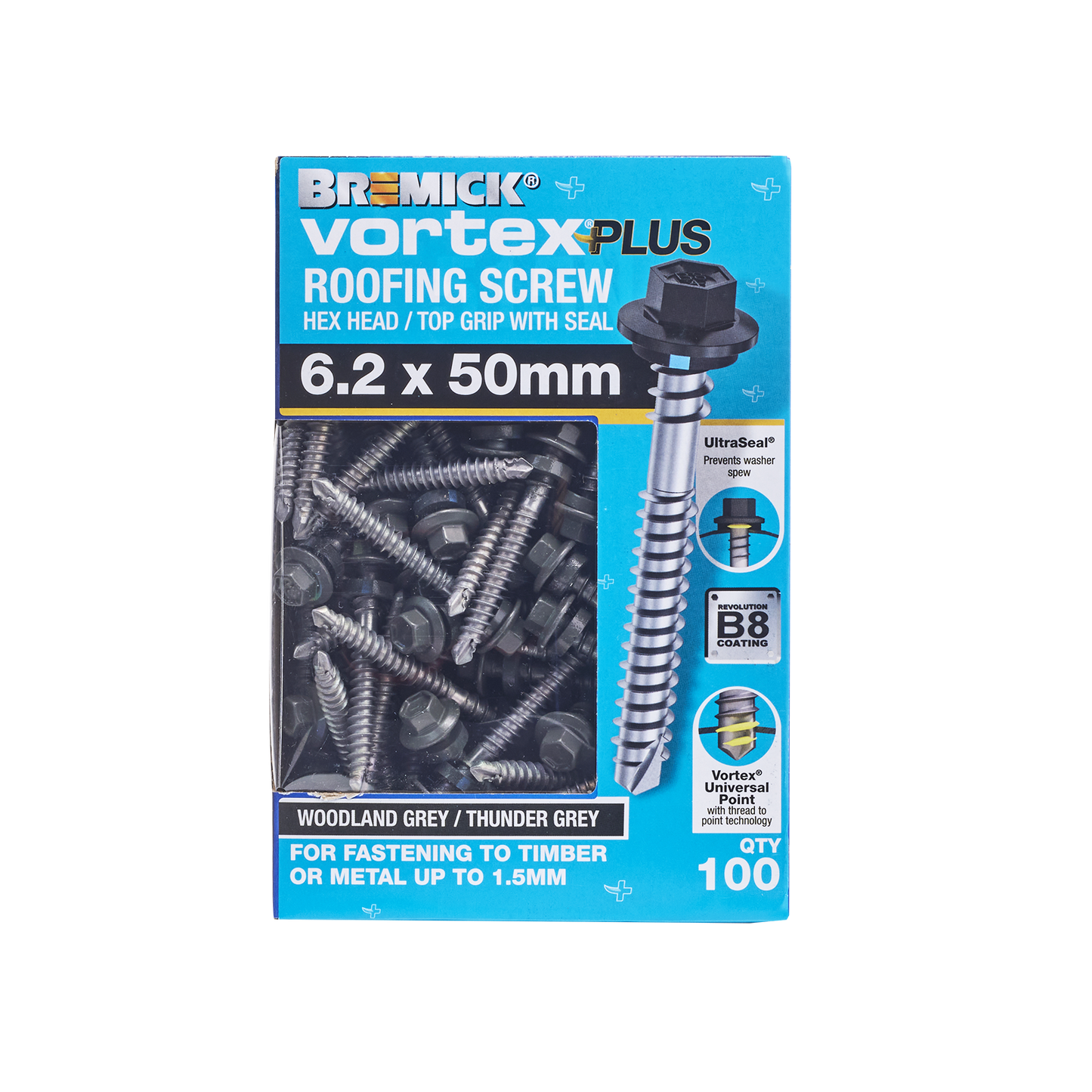 Bremick Vortex Plus Roofing Screw - 6.2 x 50mm - Hex B8 - 100 Pack