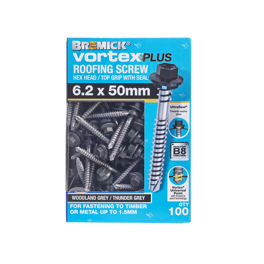 Bremick Vortex Plus Roofing Screw - 6.2 x 50mm - Hex B8 - 100 Pack