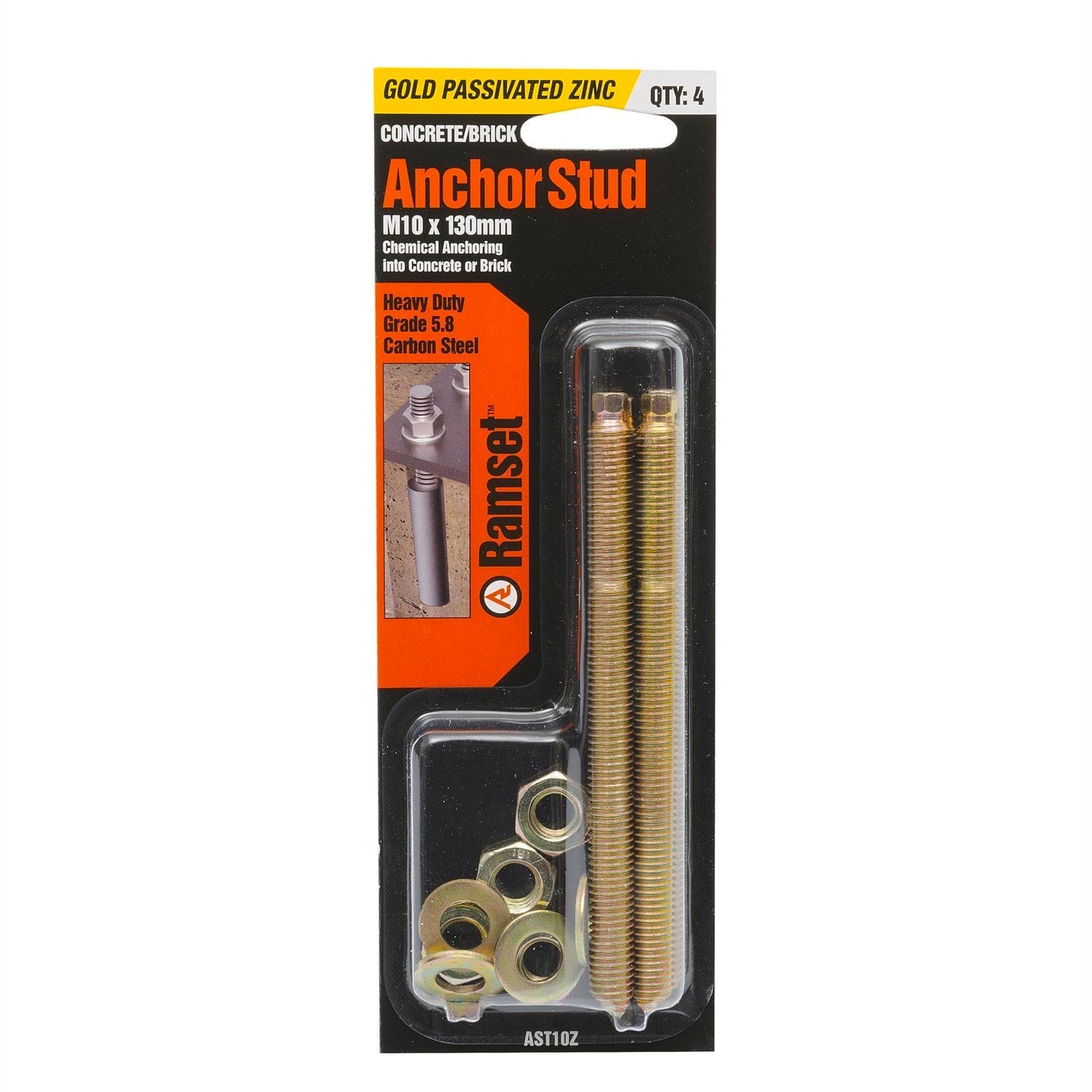 Ramset Zinc Plated Anchor Stud - 10 x 130mm - 4 Pack