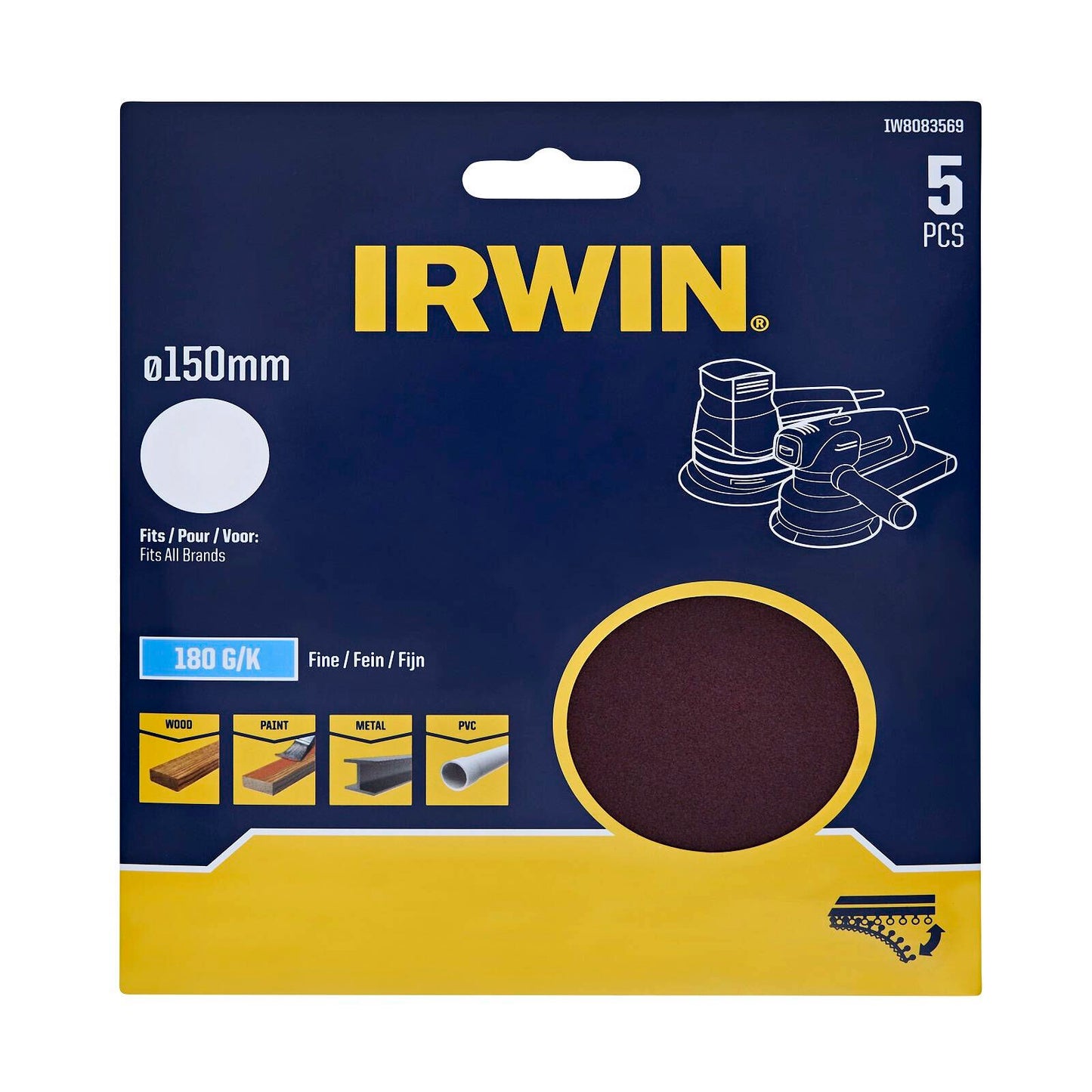 Irwin Quick Fit Random Orbital Sanding Discs - 150mm - 180 Grit - 5 Pack