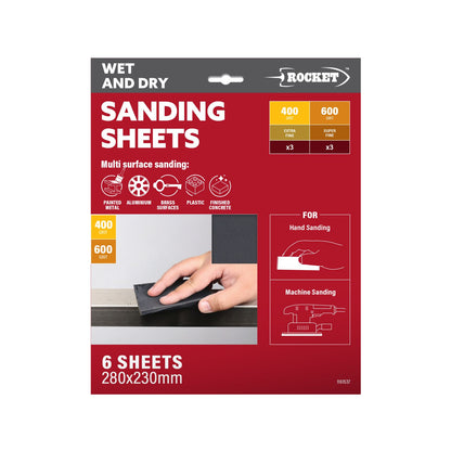 Rocket Wet Dry Sanding Sheets - 230 x 280mm - 6 Pack - 400/600 Grit