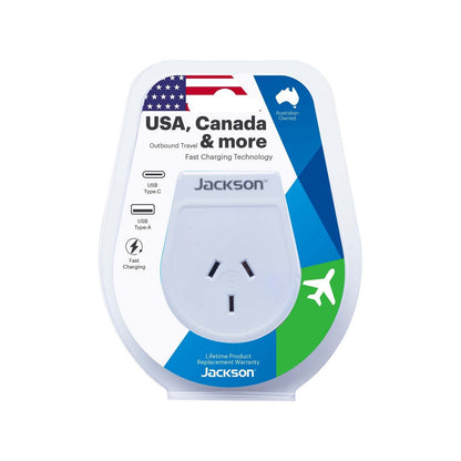 Jackson Outbound Slim USB A & C Travel Adaptor - White - USA, Canada