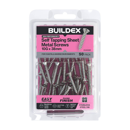 Buildex Self Tapping Sheet Metal Screws - 10g x 38mm - SS316 - 50 Pack
